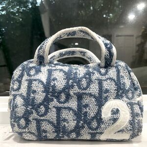 Christian Dior Blue and White Terry Cloth Boston Bag